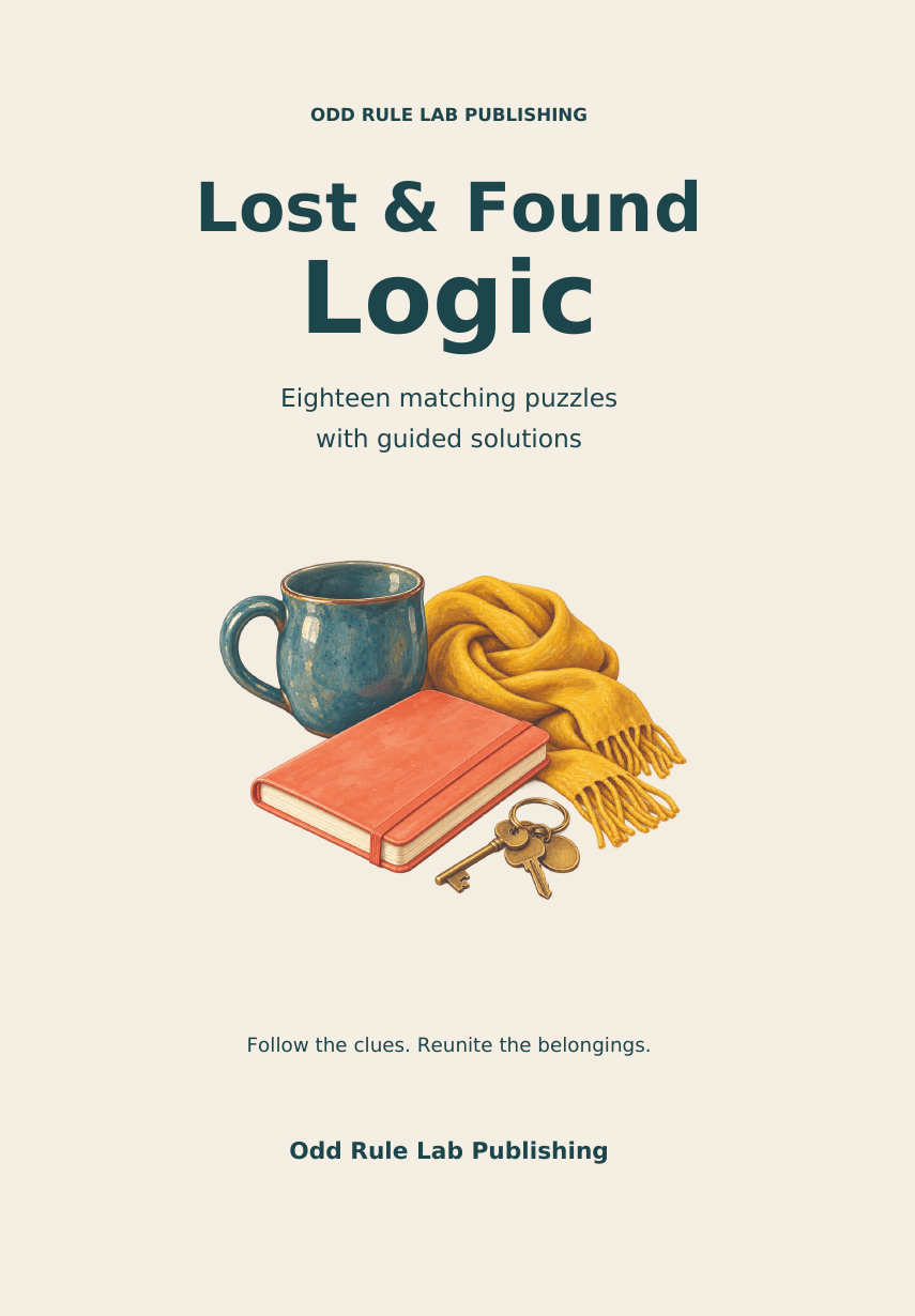 Lost and Found Logic paperback cover with a scarf, mug, notebook and keys