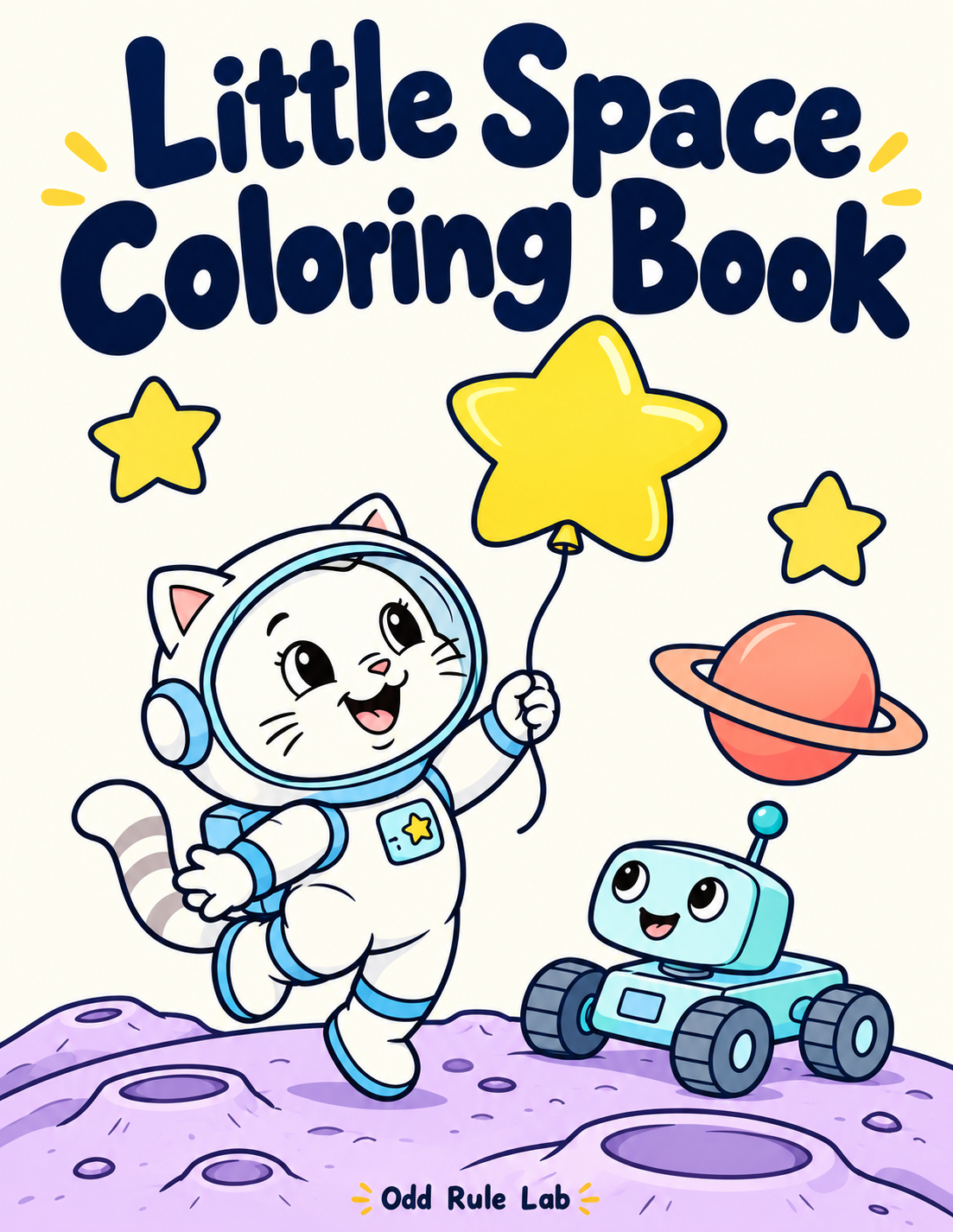 Little Space Coloring Book cover with a kitten astronaut and friendly rover
